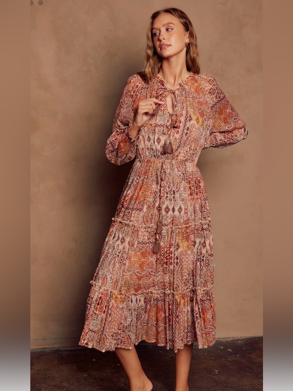 Rust Multi Sunset Tie-Front Tiered Dress size M